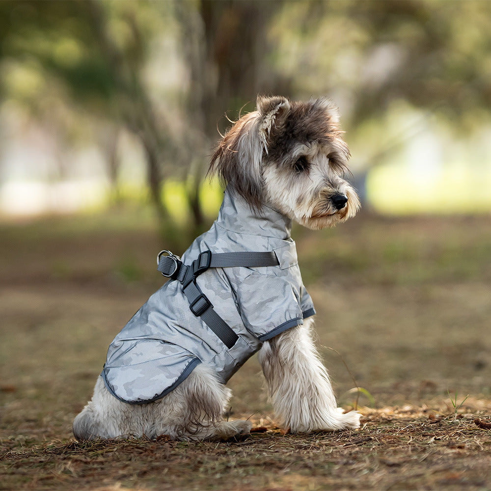 KFX-3915581 Waterproof Pet Raincoat for Medium and Small Dogs – Chest and Back Design in Camouflage, Star Gray, or Clear Yellow
