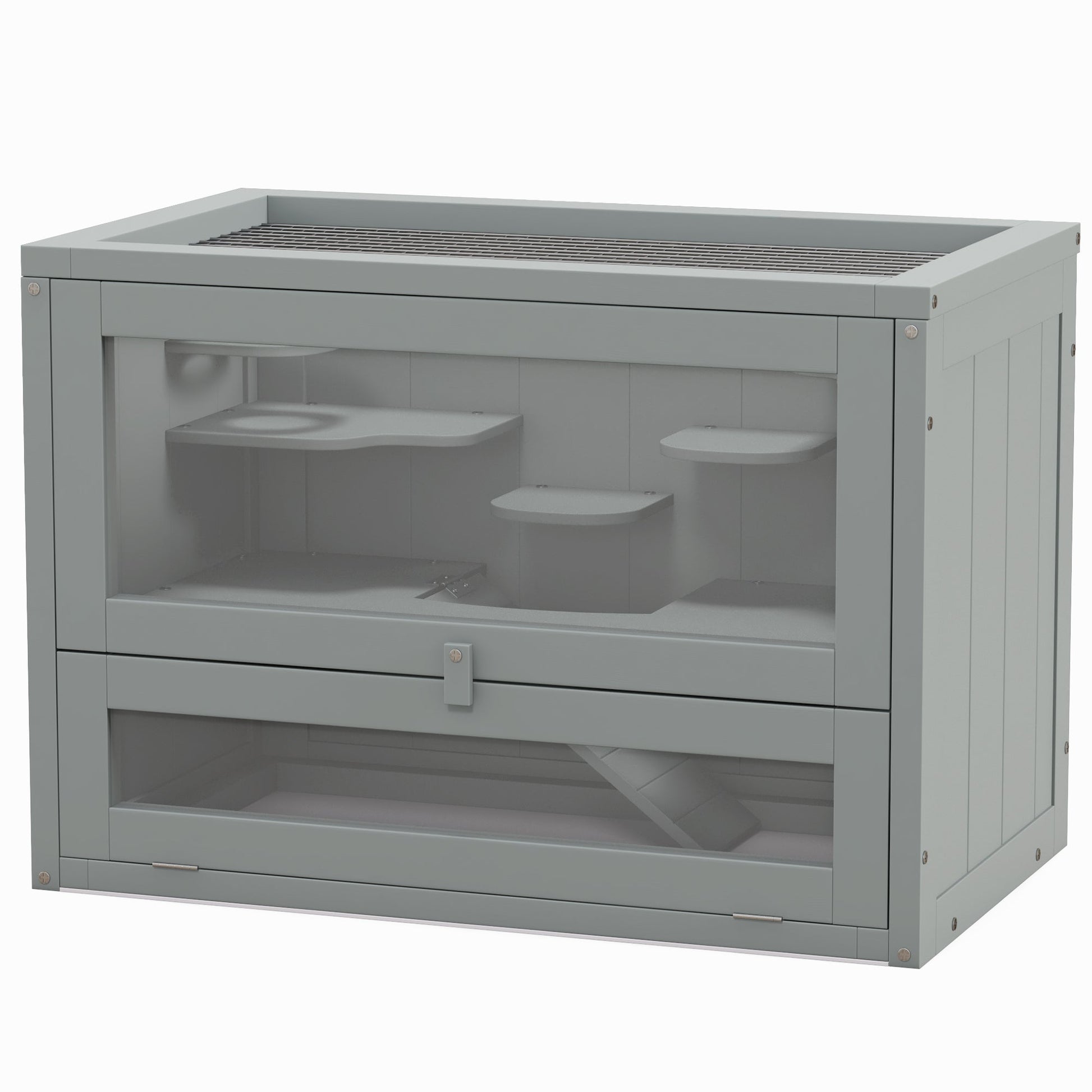 KFX-3919549 2-Level Gray Hamster Cage with Openable Roof, Ventilation, and Ramp Access