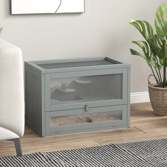 KFX-3919549 2-Level Gray Hamster Cage with Openable Roof, Ventilation, and Ramp Access