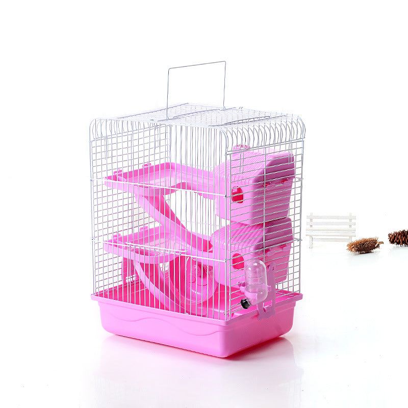 KFX-3985085 Three-Storey Hamster Cage with Accessories - Plastic and Iron Wire Construction, Spacious Design in Blue, Pink, Brown