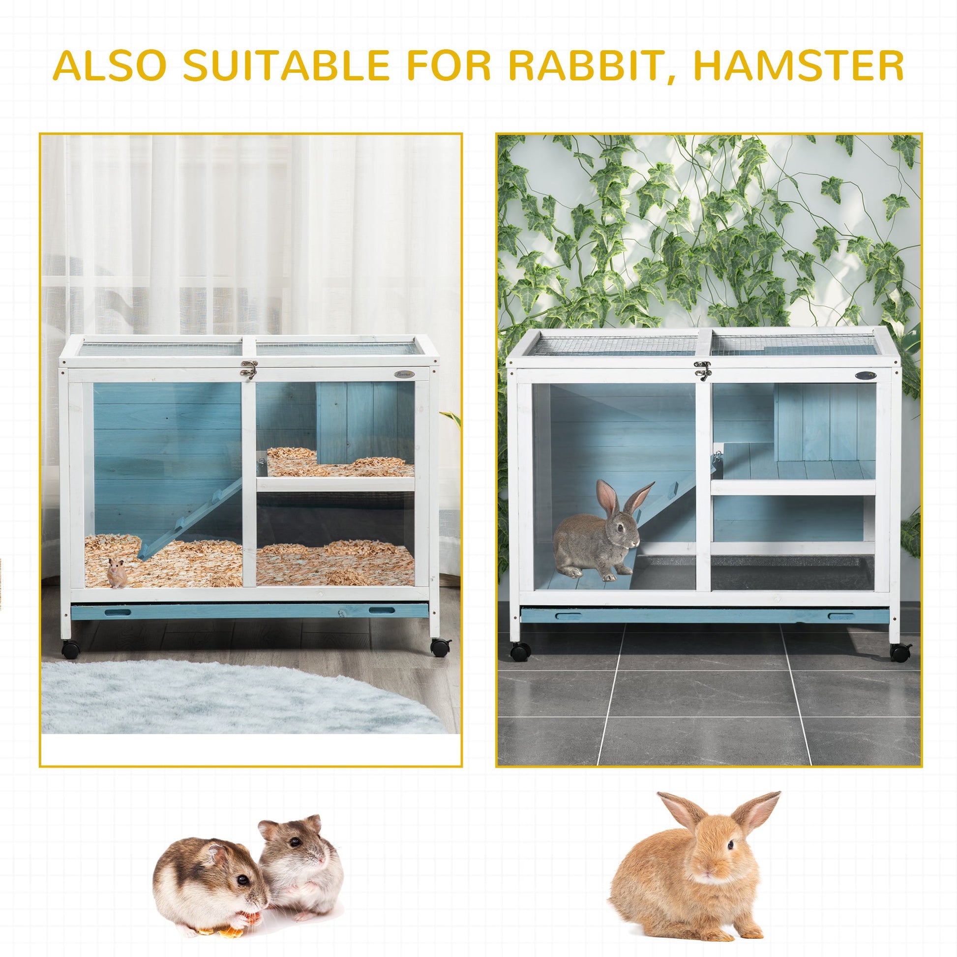 KFX-4017853 Blue Fir Wood Indoor Rabbit Hutch with Sleeping Area and Run Space