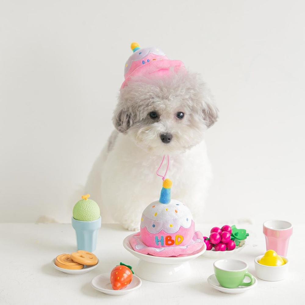 KFX-4020541 Adorable Plush Cake Birthday Hat for Dogs and Cats - Pink White, 11x12cm