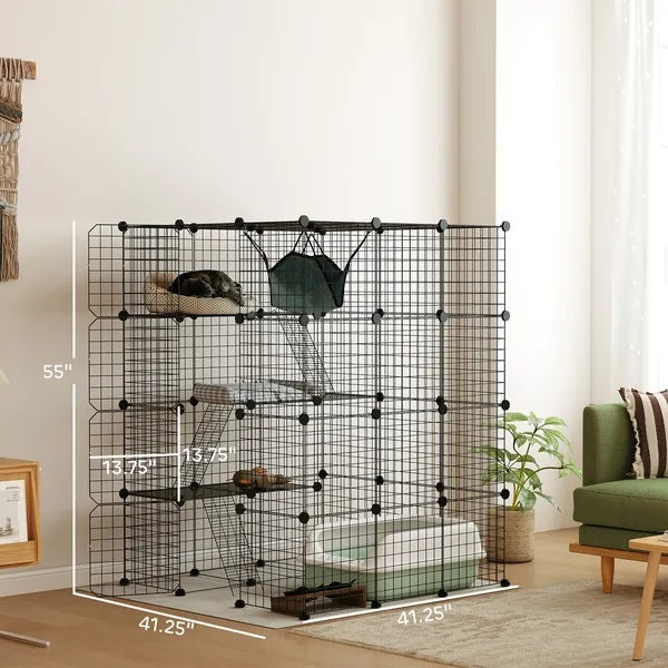 KFX-4050621 4-Tier Indoor Cat Cage with Hammock, Ramps, Platforms, and Doors for 1-3 Cats, 3x3x4 Feet, Black