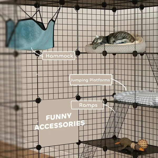 KFX-4050621 4-Tier Indoor Cat Cage with Hammock, Ramps, Platforms, and Doors for 1-3 Cats, 3x3x4 Feet, Black