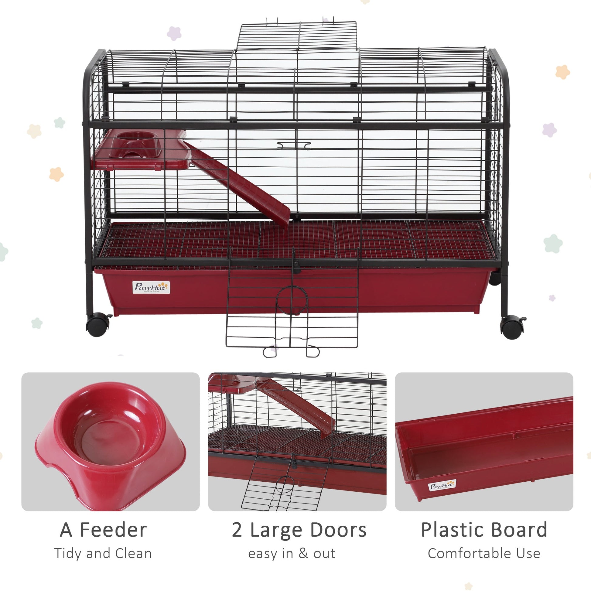 KFX-4116157 41" Small Animal Cage with Wheeled Stand, Ramp, Feeder, and Platform for Rabbits and Ferrets