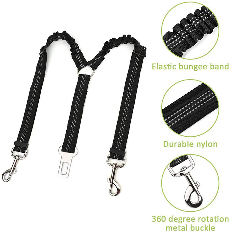 KFX-4160573 Pet Car Seat Belt for Two Dogs - Dual-Ended Safety Traction Rope, Adjustable Polyester Design