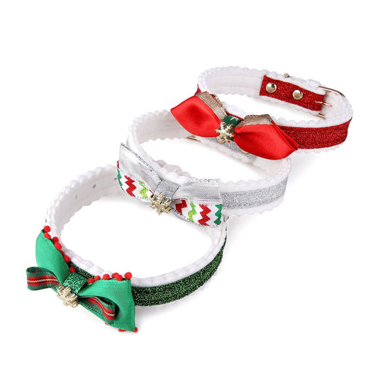 KFX-4174269 Festive Red Green Silver Color Grid Cat Collar for All Seasons, Adjustable Neck Size 25-32cm