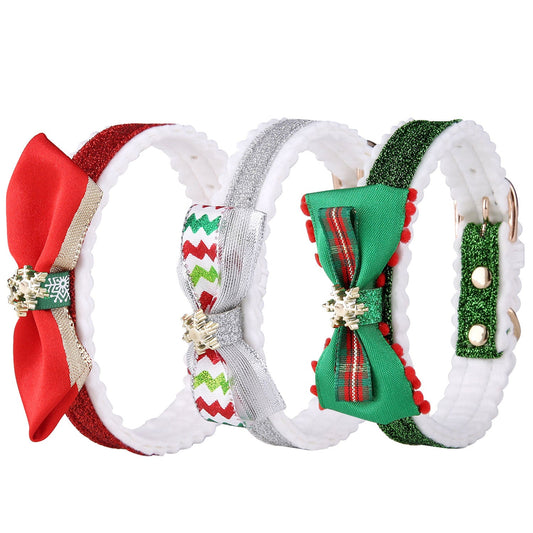 KFX-4174269 Festive Red Green Silver Color Grid Cat Collar for All Seasons, Adjustable Neck Size 25-32cm