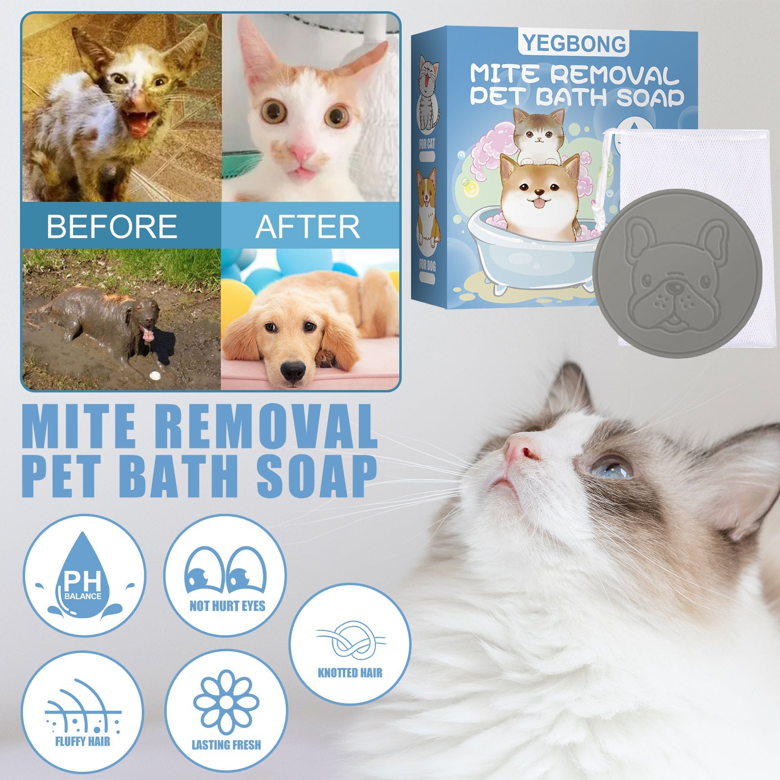 KFX-4191421 Pet Mite Removal Soap for Dogs and Cats with Foaming Ball and Cleaning Net