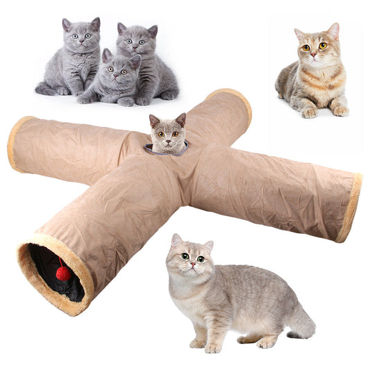 KFX-4214461 Khaki & Gray Suede Cat Tunnel Toy for Playful Pets