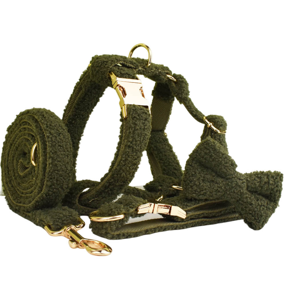 KFX-4239805 Army Green Velvet Four-Piece Pet Collar Set with Leash, Bow, and Vest