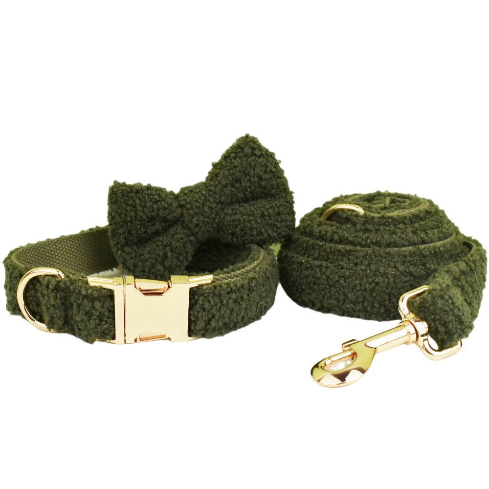 KFX-4239805 Army Green Velvet Four-Piece Pet Collar Set with Leash, Bow, and Vest