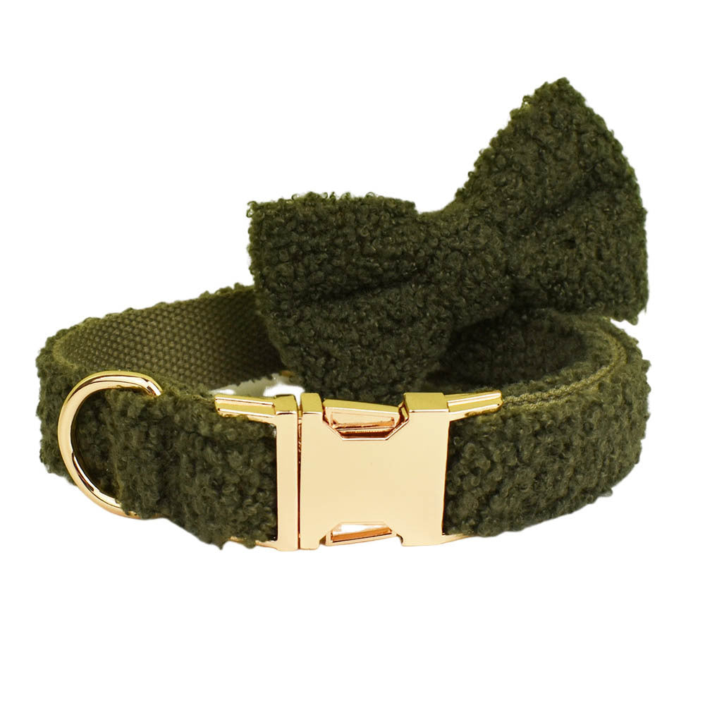 KFX-4239805 Army Green Velvet Four-Piece Pet Collar Set with Leash, Bow, and Vest