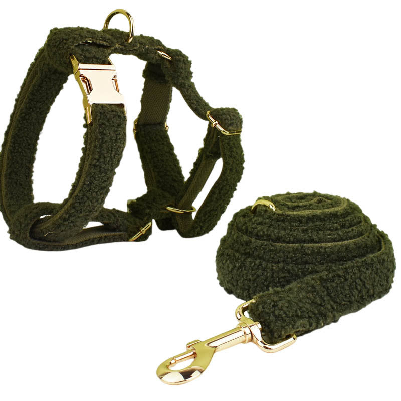 KFX-4239805 Army Green Velvet Four-Piece Pet Collar Set with Leash, Bow, and Vest