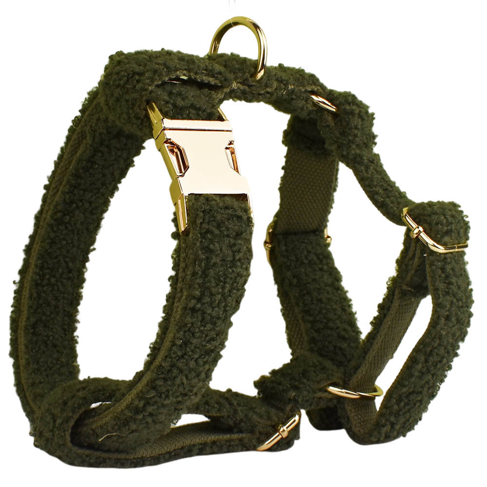KFX-4239805 Army Green Velvet Four-Piece Pet Collar Set with Leash, Bow, and Vest