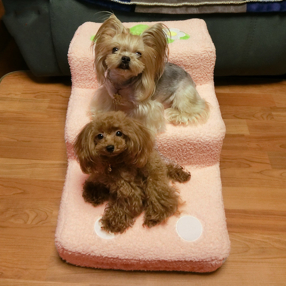KFX-4318141 Pet Climbing Ladder with Bubble Velvet Dog Steps - Soft Lamb Wool, Pink & Big Red, 65cm Length