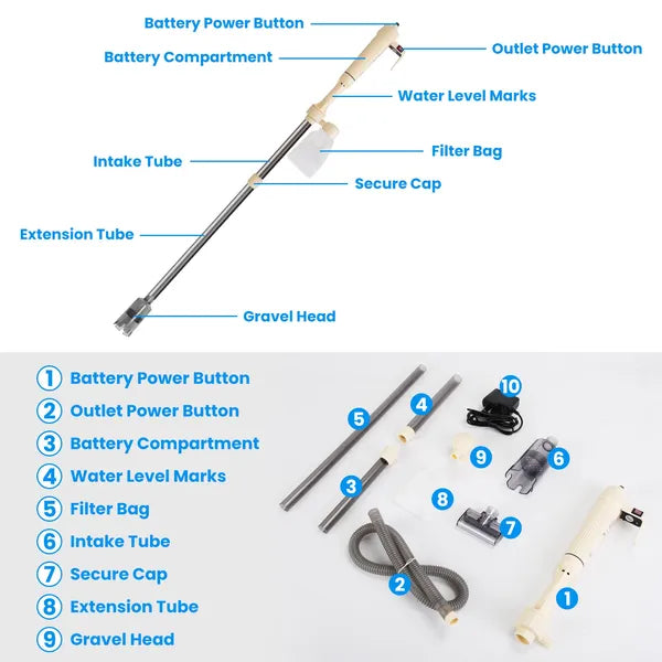 KFX-4329661 Adjustable Electric Aquarium Gravel Cleaner with Dual Power Supply and Efficient Suction for Easy Maintenance