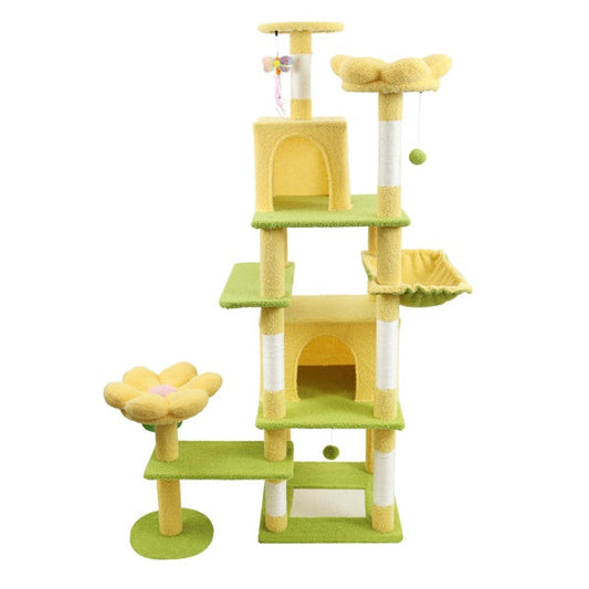 KFX-4356669 71 Inch Cat Tree with Large Condo, Removable Flower Cushions, and Hammock - Yellow