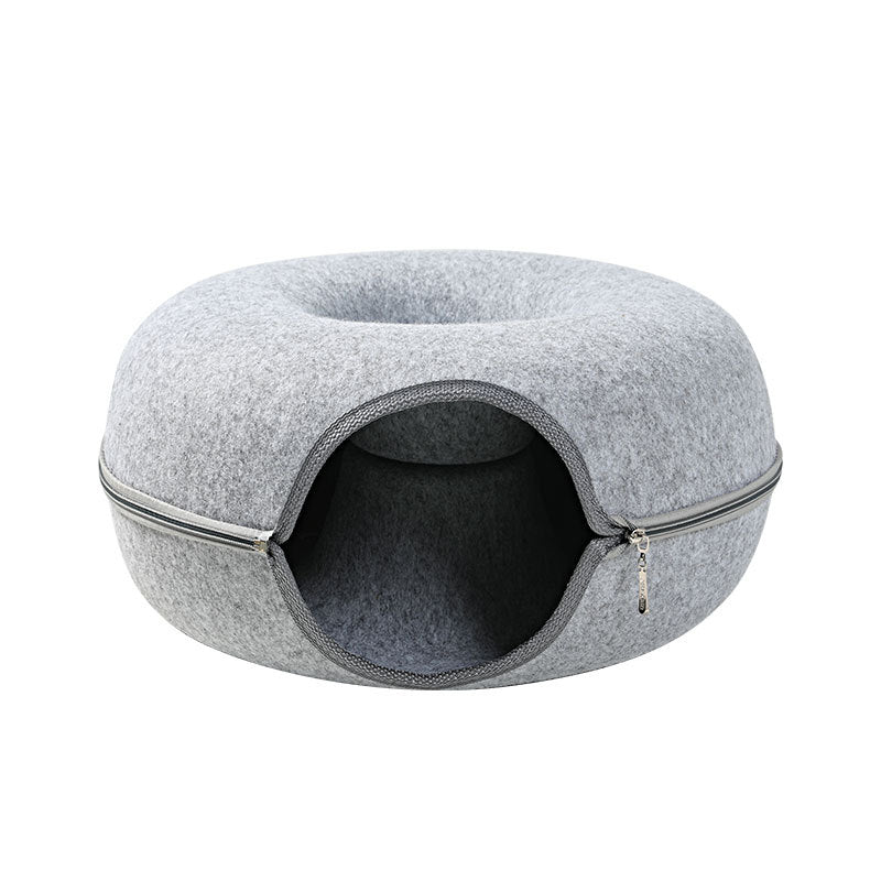 KFX-4385469 Dual-Use Round Woolen Felt Cat Nest and Tunnel - Removable & Washable Interactive Training Toy in Grey