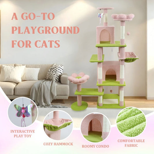 KFX-4389437 71-Inch Pink Flower Cat Tree with Spacious Condo, Removable Cushion, and Cozy Hammock