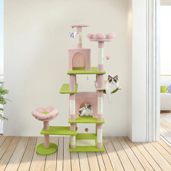 KFX-4389437 71-Inch Pink Flower Cat Tree with Spacious Condo, Removable Cushion, and Cozy Hammock