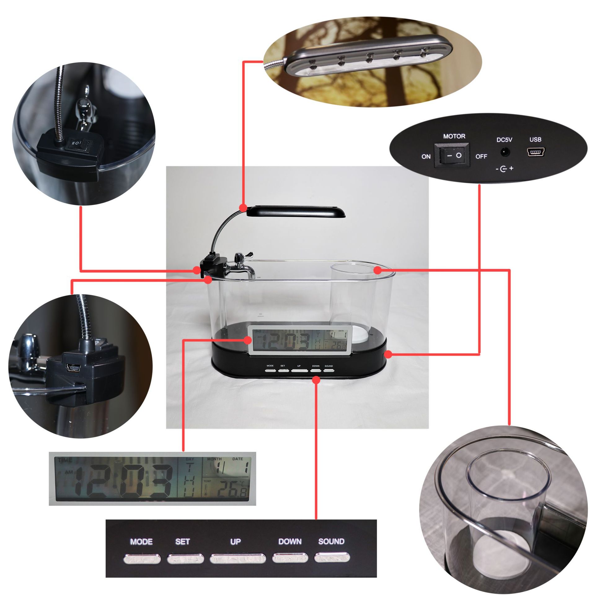 KFX-4395197 Mini USB Desktop Aquarium with Time, Date, Week, Temperature, and Alarm Features, Black Pen Holder