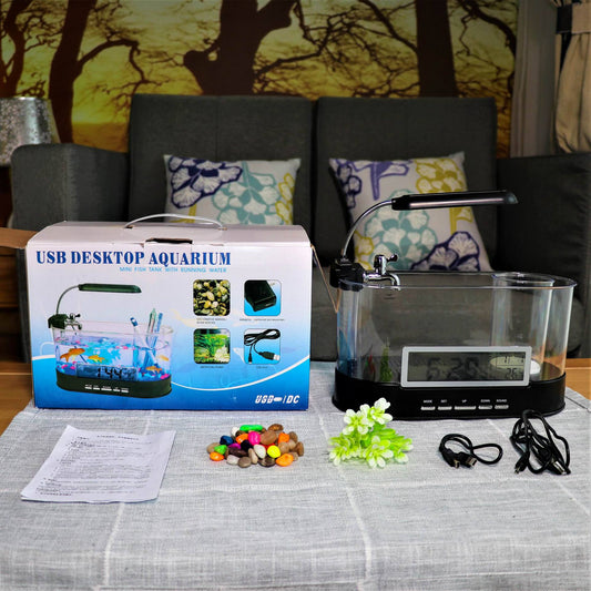 KFX-4395197 Mini USB Desktop Aquarium with Time, Date, Week, Temperature, and Alarm Features, Black Pen Holder