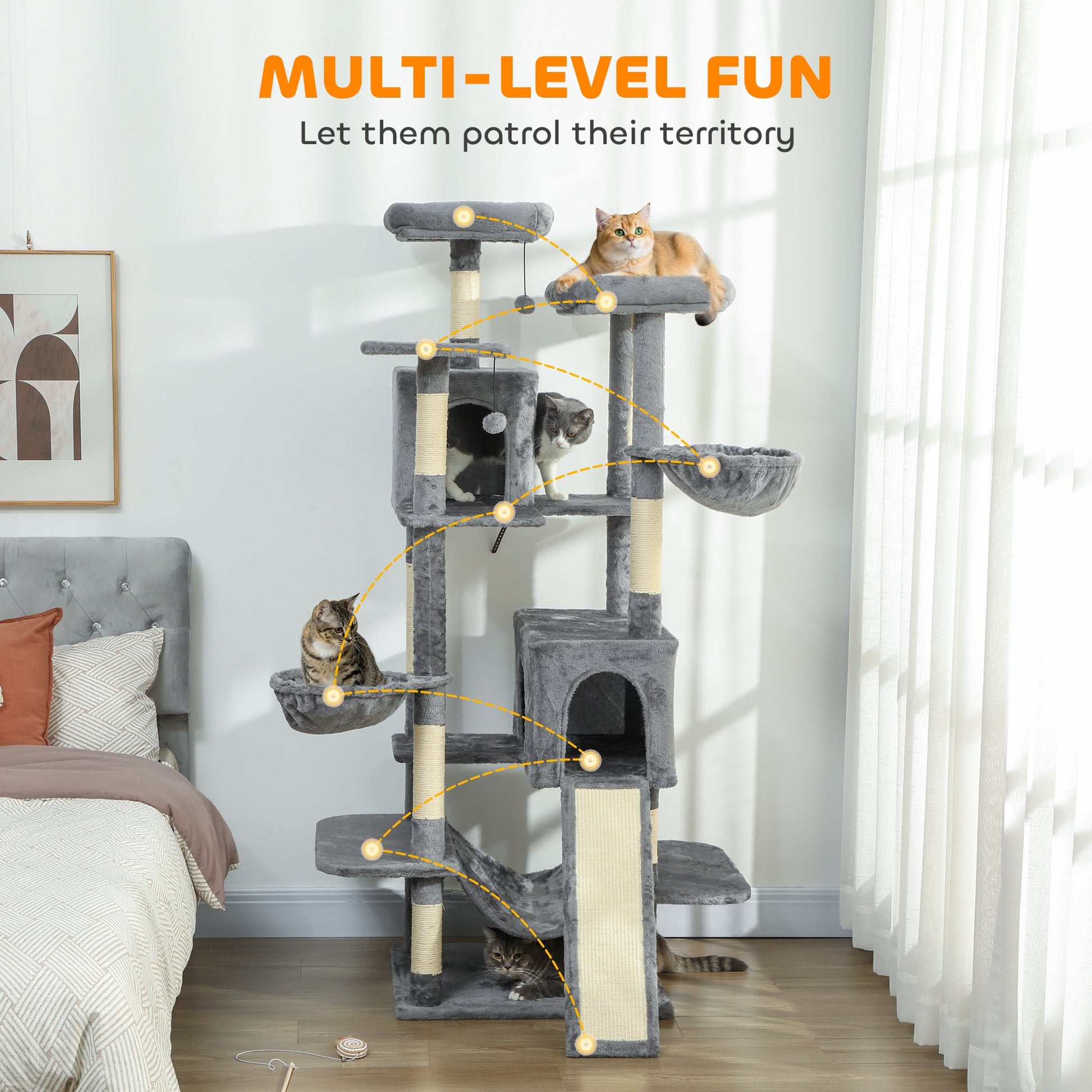 KFX-4422205 Multi-Level Cat Tree Tower with 2 Condos, 3 Hammocks, 8 Scratching Posts, Dark Gray