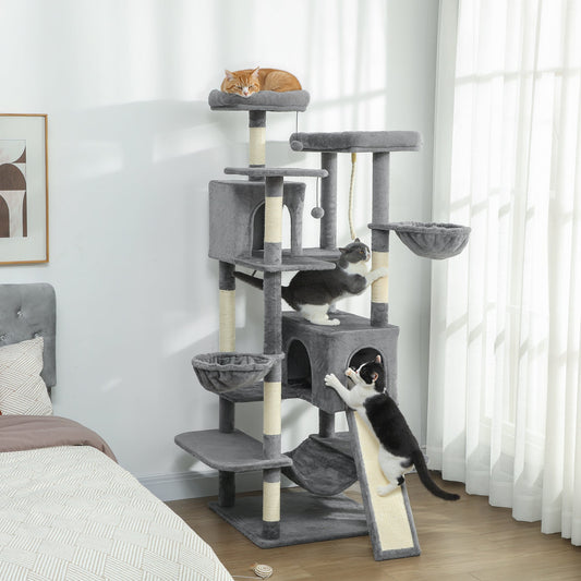 KFX-4454973 Multi-Level Cat Tree with Dual Condos, Hammocks, and Scratching Posts - Dark Gray & Cream White