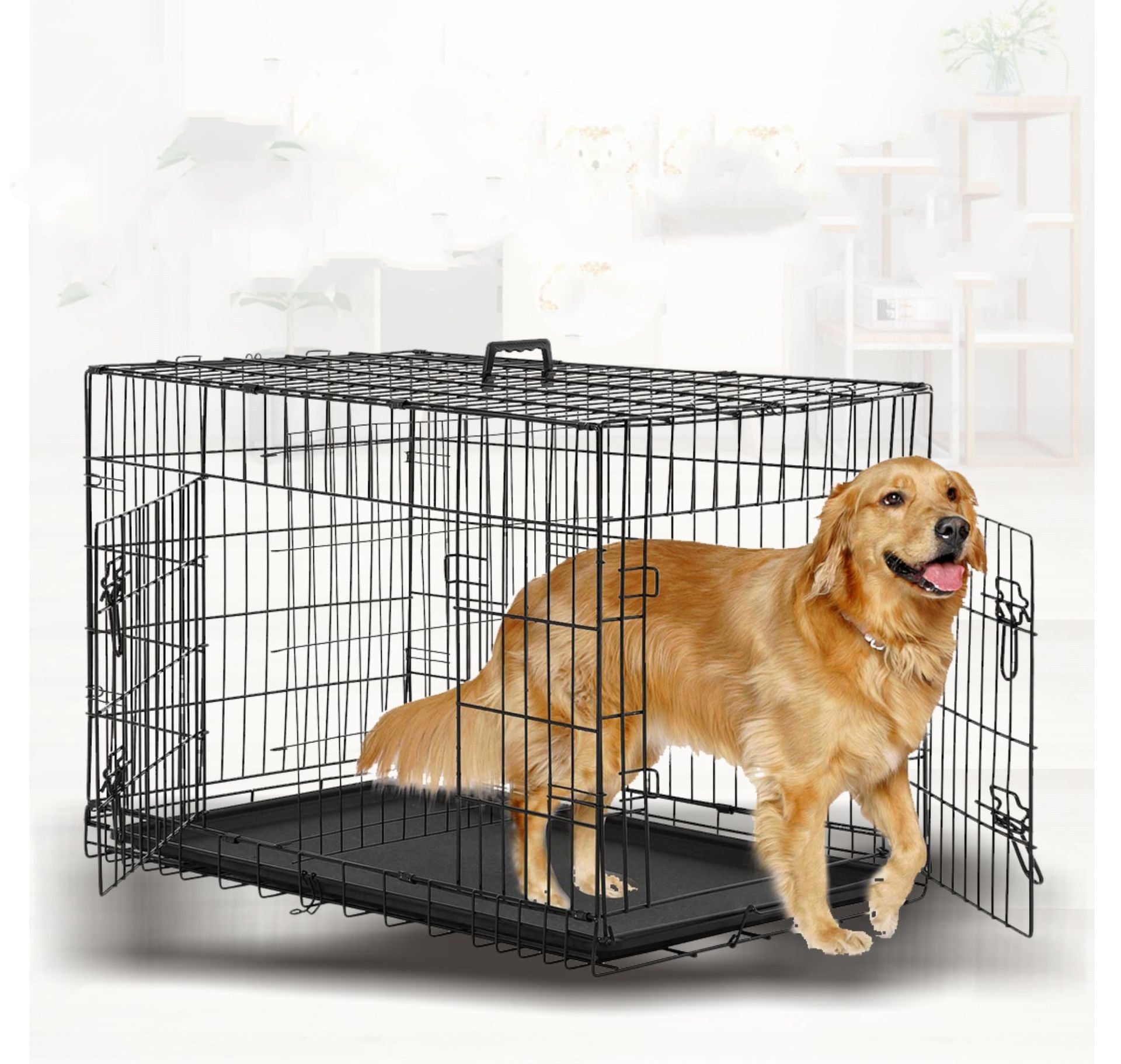 KFX-4509373 Folding Wire Cage for Large Pets - High Gloss Black, 18 Inches (49*28*34cm)