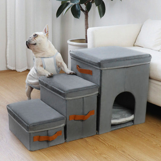 KFX-4514749 Foldable Gray Pet Storage Stairs for Dogs - 2 or 3 Steps Available, Durable Cloth Material