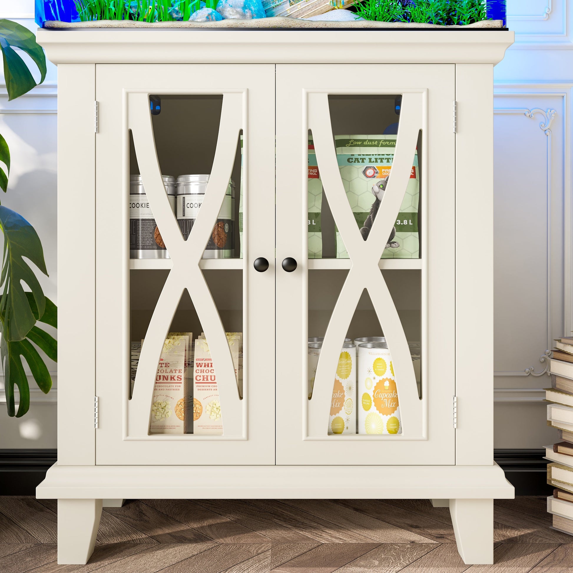 KFX-4526269 20-Gallon Aquarium Rack with Storage Cabinet, 4 AC Outlets, 2 USB Ports, Adjustable Shelves, Beige Farmhouse Design