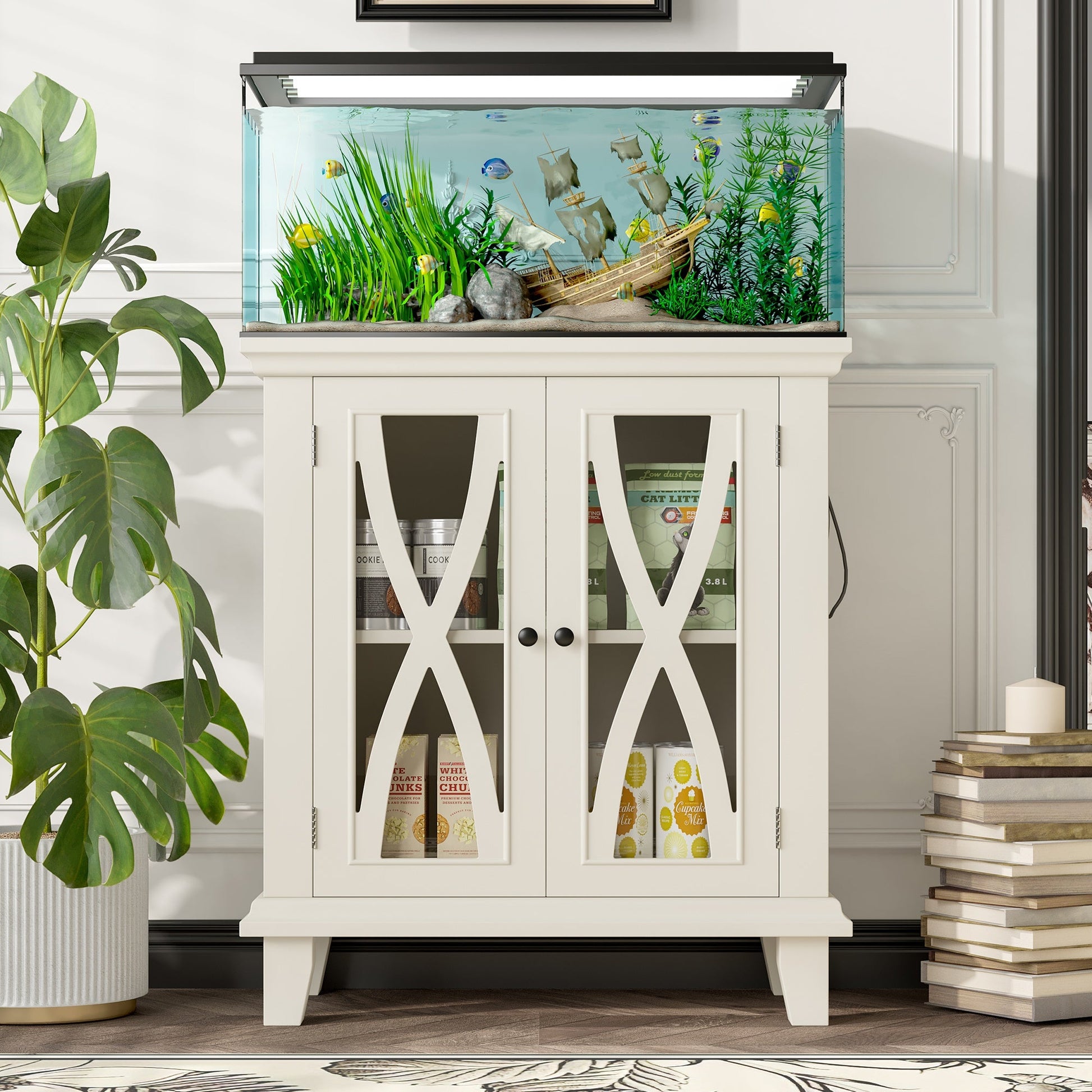 KFX-4526269 20-Gallon Aquarium Rack with Storage Cabinet, 4 AC Outlets, 2 USB Ports, Adjustable Shelves, Beige Farmhouse Design