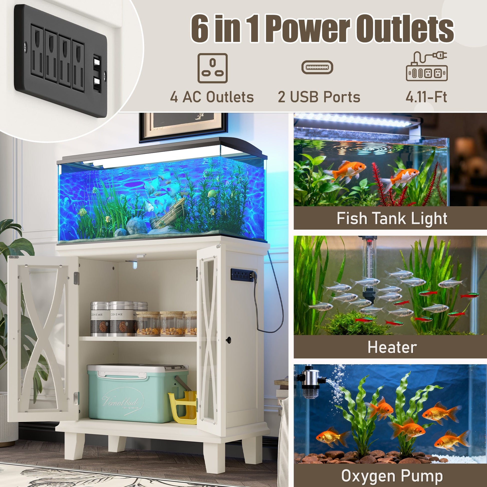 KFX-4526269 20-Gallon Aquarium Rack with Storage Cabinet, 4 AC Outlets, 2 USB Ports, Adjustable Shelves, Beige Farmhouse Design