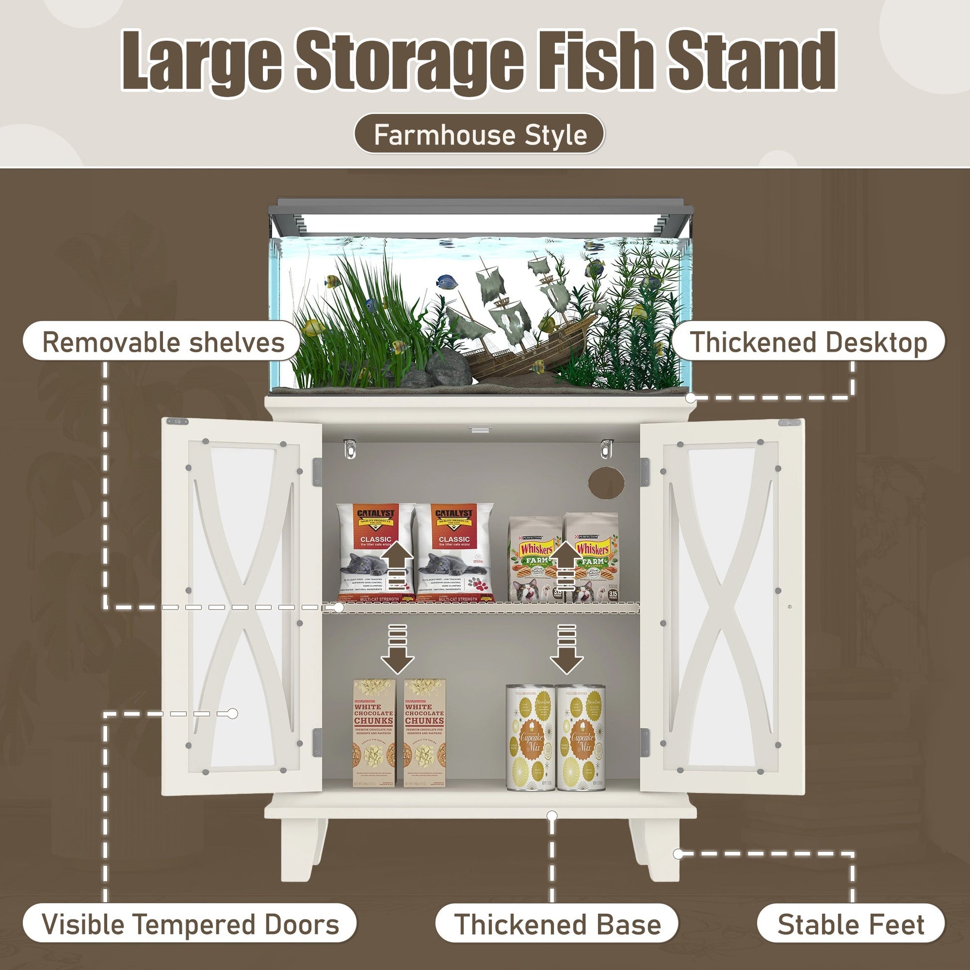 KFX-4526269 20-Gallon Aquarium Rack with Storage Cabinet, 4 AC Outlets, 2 USB Ports, Adjustable Shelves, Beige Farmhouse Design