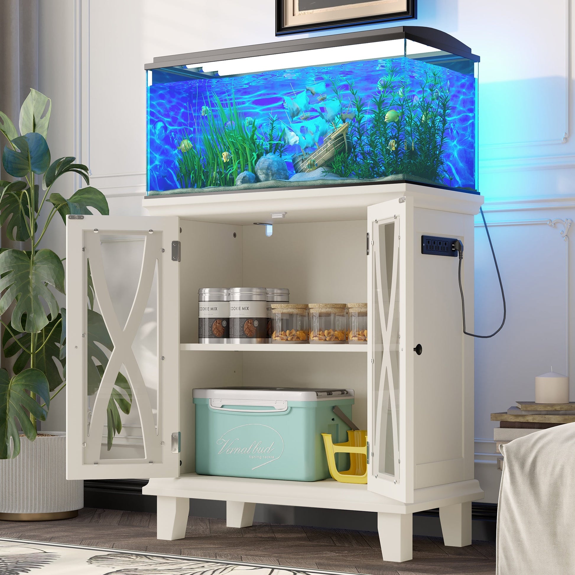 KFX-4526269 20-Gallon Aquarium Rack with Storage Cabinet, 4 AC Outlets, 2 USB Ports, Adjustable Shelves, Beige Farmhouse Design