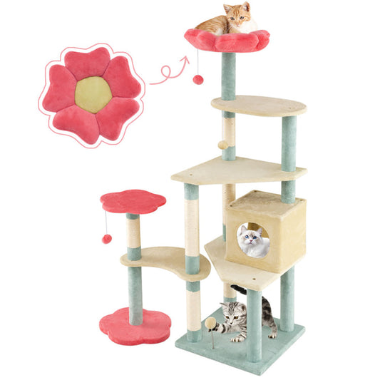 KFX-4553277 61-Inch Multi-Level Cat Tree with Flower-Shaped Perch and Cozy Condo for Cats