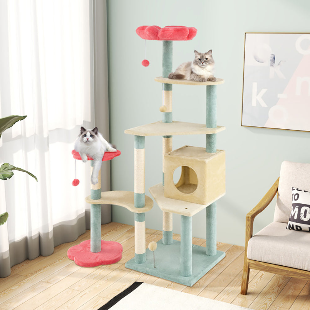 KFX-4553277 61-Inch Multi-Level Cat Tree with Flower-Shaped Perch and Cozy Condo for Cats