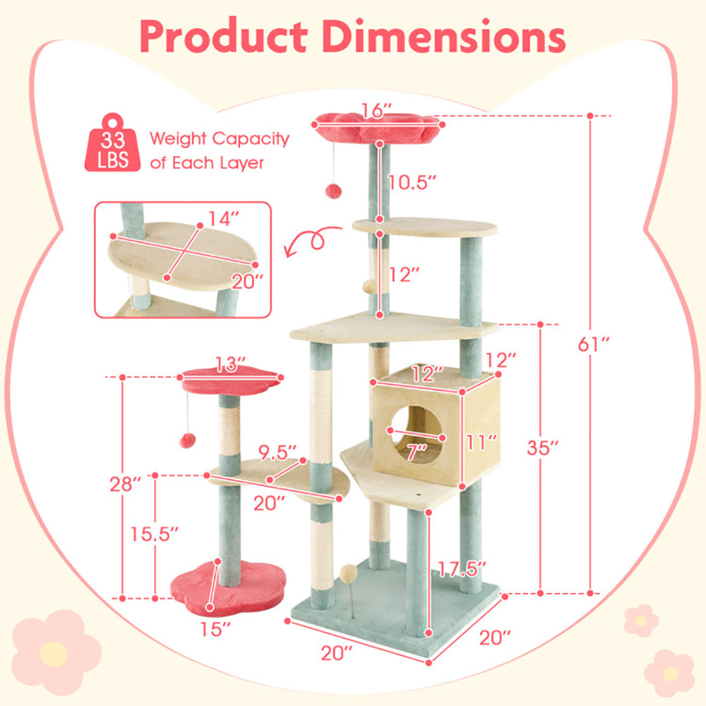 KFX-4553277 61-Inch Multi-Level Cat Tree with Flower-Shaped Perch and Cozy Condo for Cats