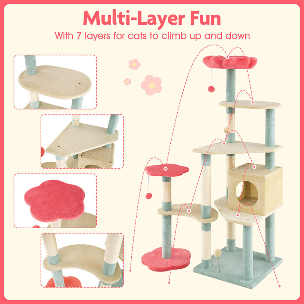 KFX-4553277 61-Inch Multi-Level Cat Tree with Flower-Shaped Perch and Cozy Condo for Cats