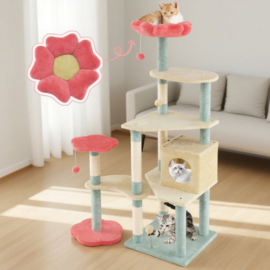 KFX-4553277 61-Inch Multi-Level Cat Tree with Flower-Shaped Perch and Cozy Condo for Cats