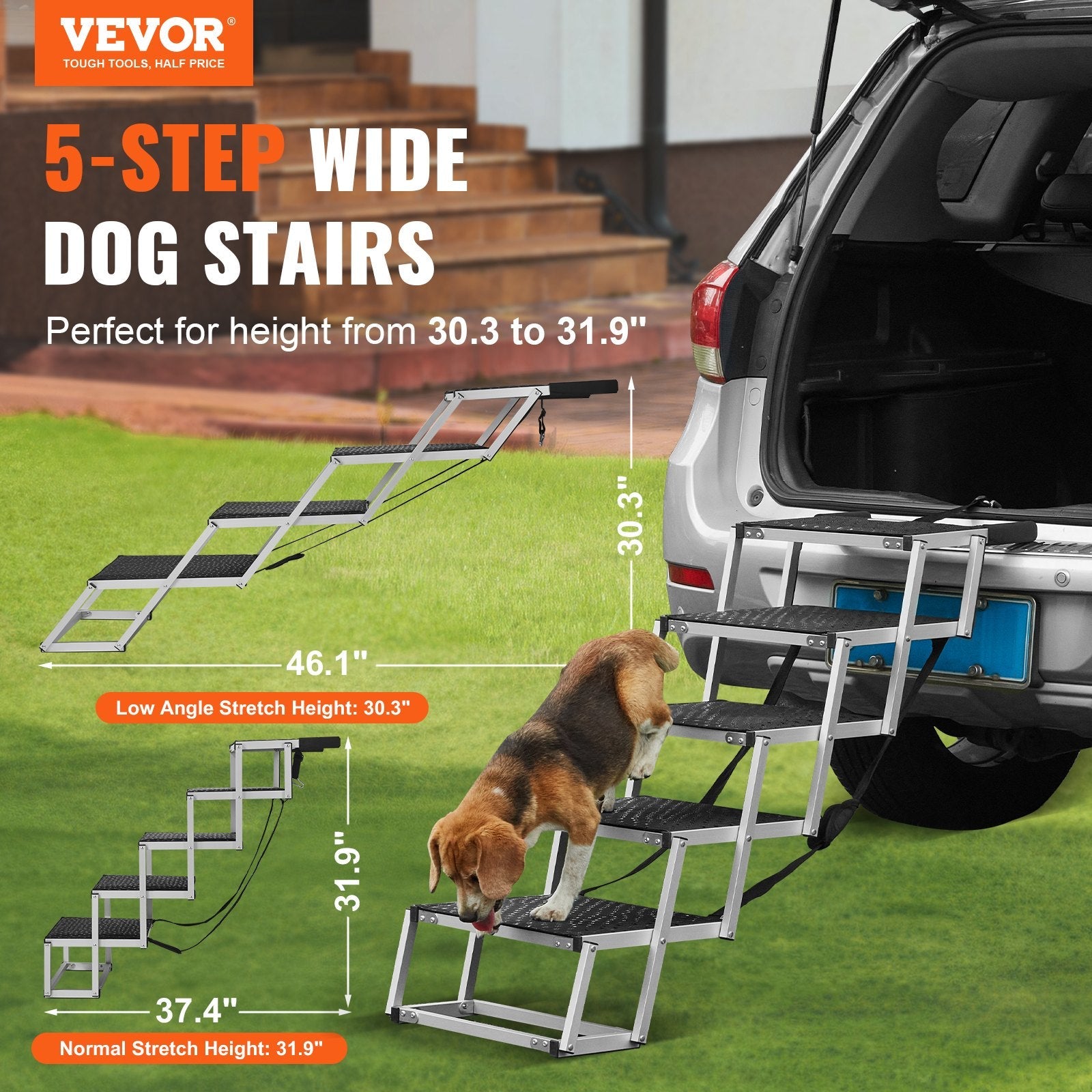 KFX-4580285 Folding 5-Step Dog Stairs for Cars - Aluminum, Safe & Non-Slip Design, Supports Pets up to 150 lbs