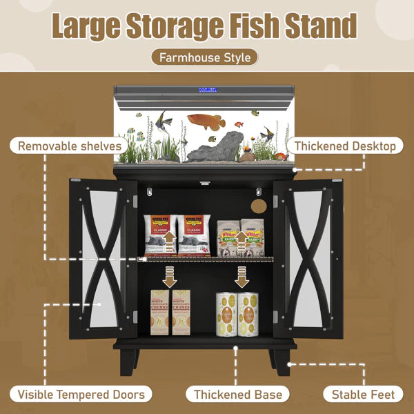 KFX-4591805 20 Gallon Fish Tank Stand with Power Outlets and Adjustable Shelves, Decorative Aquarium Stand with Storage in Black
