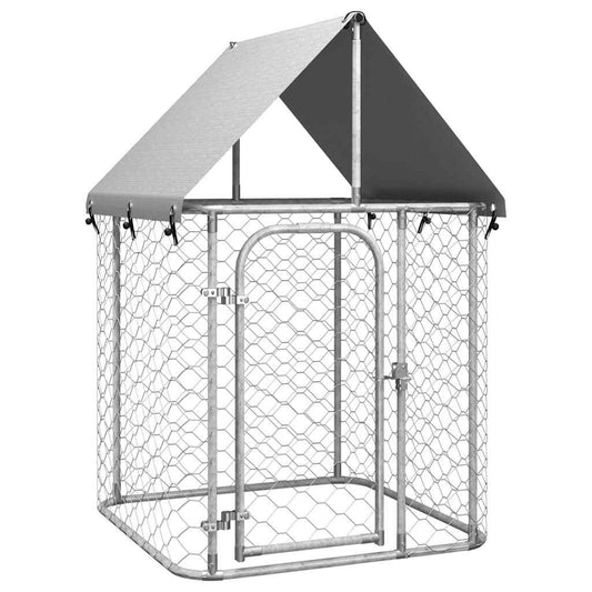 KFX-4614845 Outdoor Dog Kennel with Roof - Galvanized Steel, Weather-Resistant, Secure Play Area for Pets