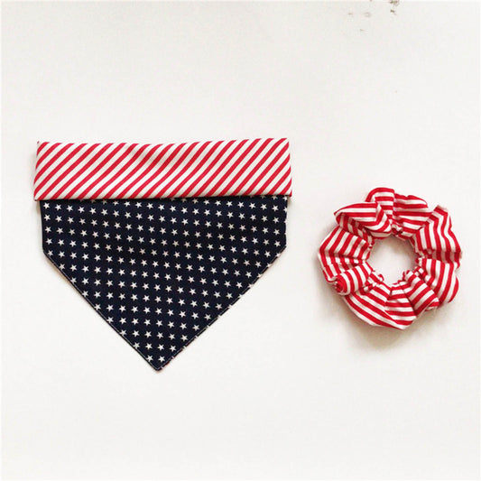 KFX-4675901 Triangle Scarf and Hair Tie Set with Striped Pattern and Cotton Material