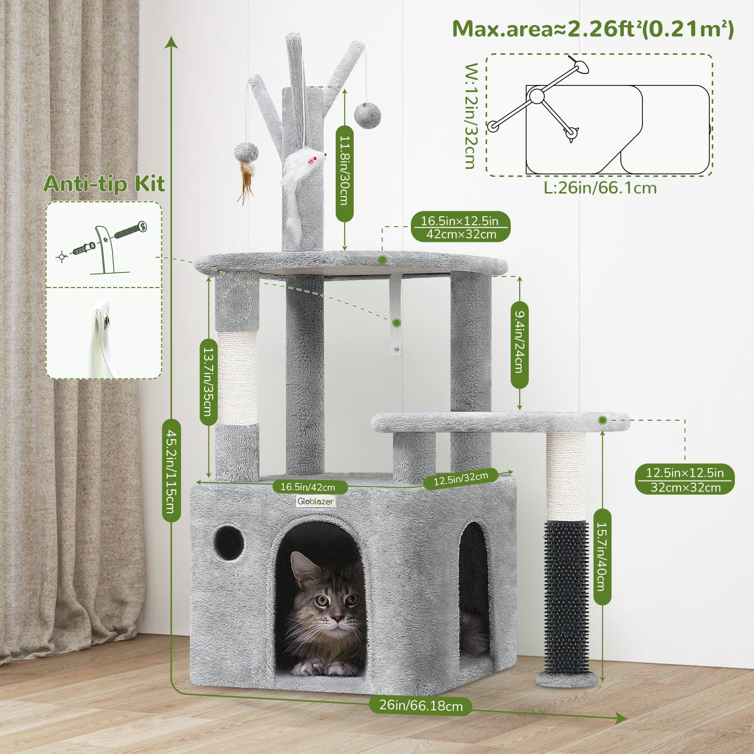 KFX-4684349 Light Gray 44-Inch Cat Climbing Frame with Multiple Levels and Scratching Posts