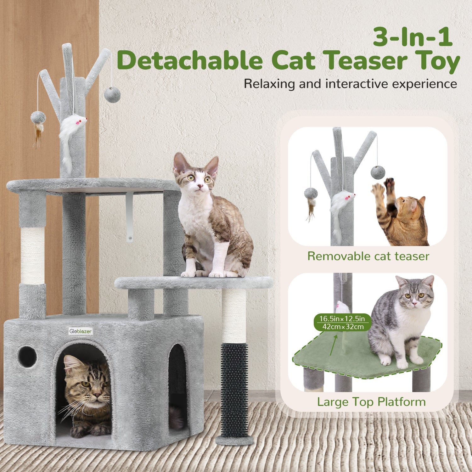 KFX-4684349 Light Gray 44-Inch Cat Climbing Frame with Multiple Levels and Scratching Posts