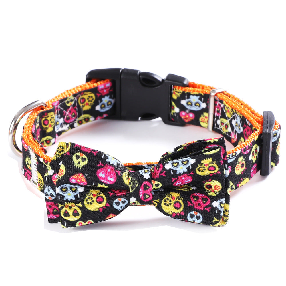 KFX-4698557 Geometric Cat Collar with Holiday Ornaments in Black Ghost, Yellow Pumpkin, and Black Skull Patterns