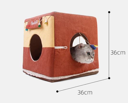 KFX-4713149 Foldable Semi-Enclosed Cat Nest in Matcha or Bar Square Design, Removable and Washable Pet Bed