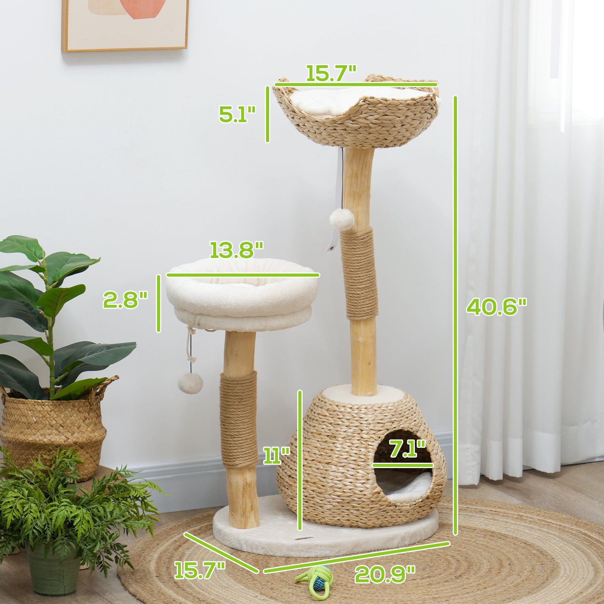 KFX-4717117 41" Indoor Cat Tree with Wooden Scratching Posts, Cozy Beds, and Toy Balls in Cream White